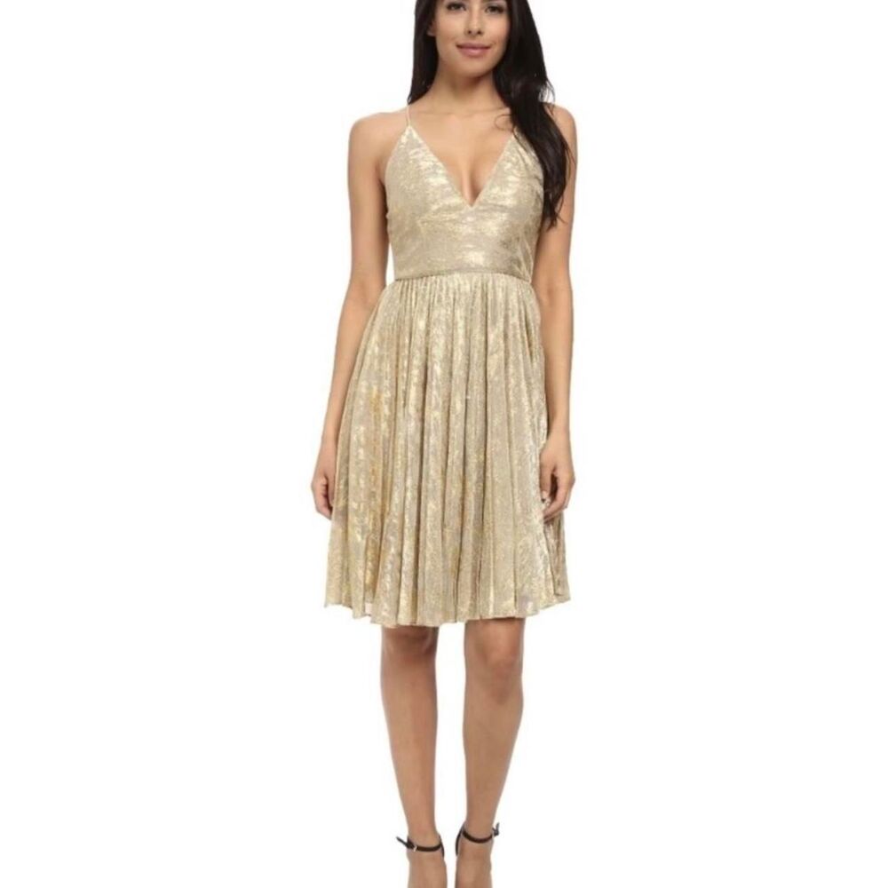 NWT Sam Edelman Gold Lurex Pleated Halter Midi Dress Sz 4 Cocktail Wedding Guest